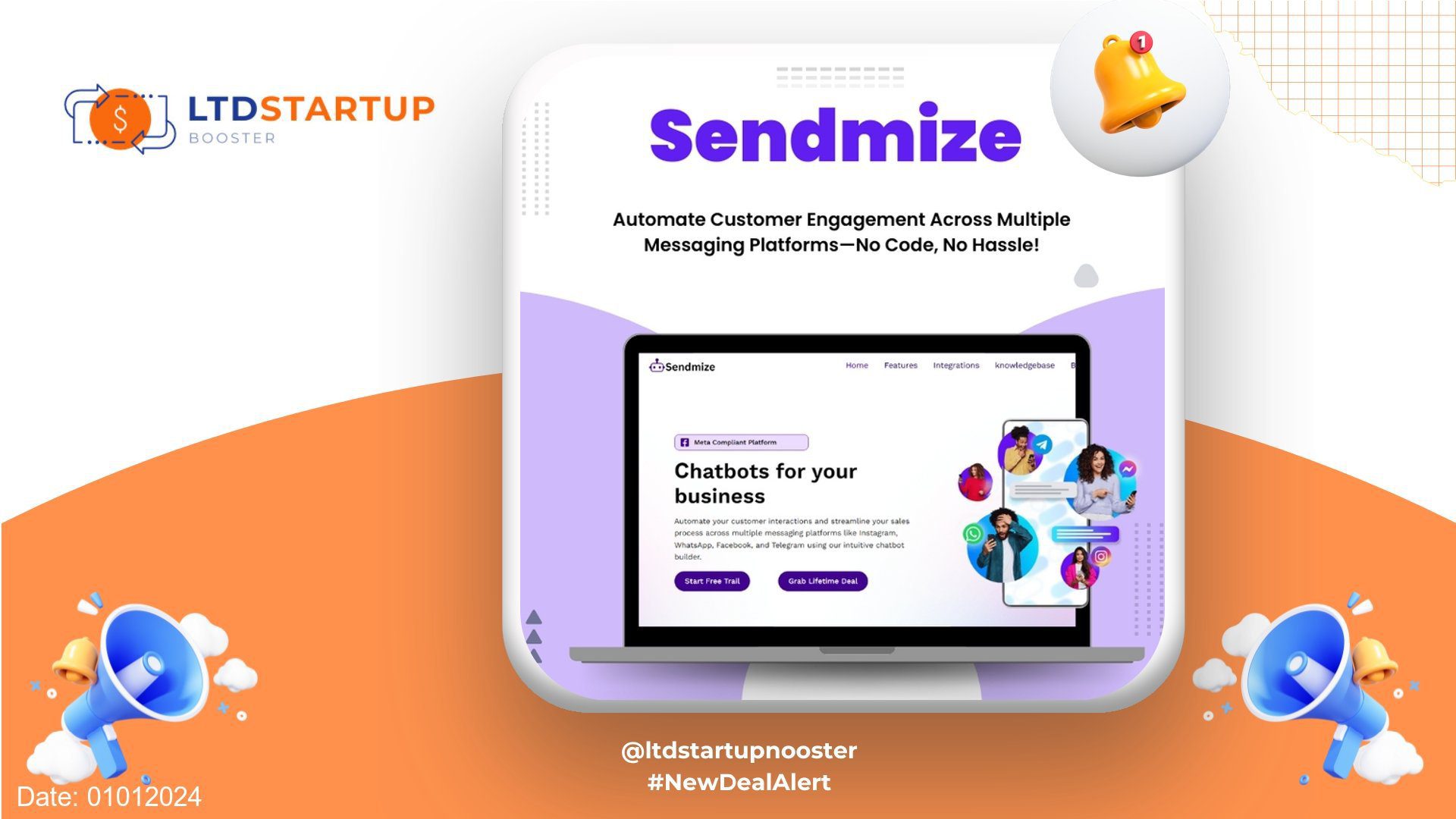 New LTD Alert - Sendmize: No-Code Chatbot Builder for Streamlined Customer Support Across Multiple Messaging Platforms cover